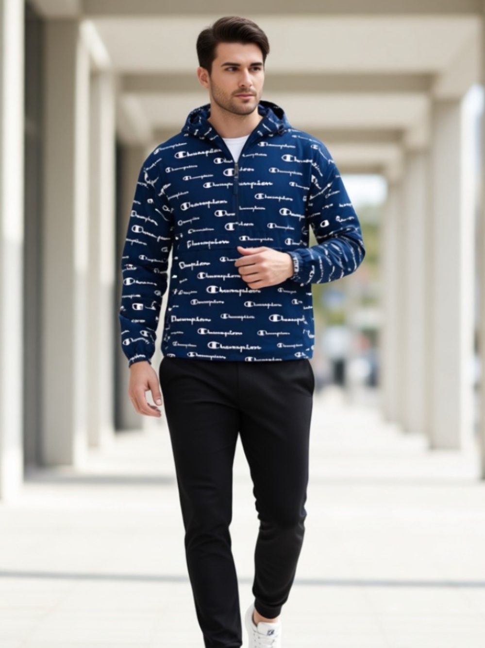 CHAMPION Blue Logo Print Half Zip Packable Windbreaker Jacket Kangaroo Pocket